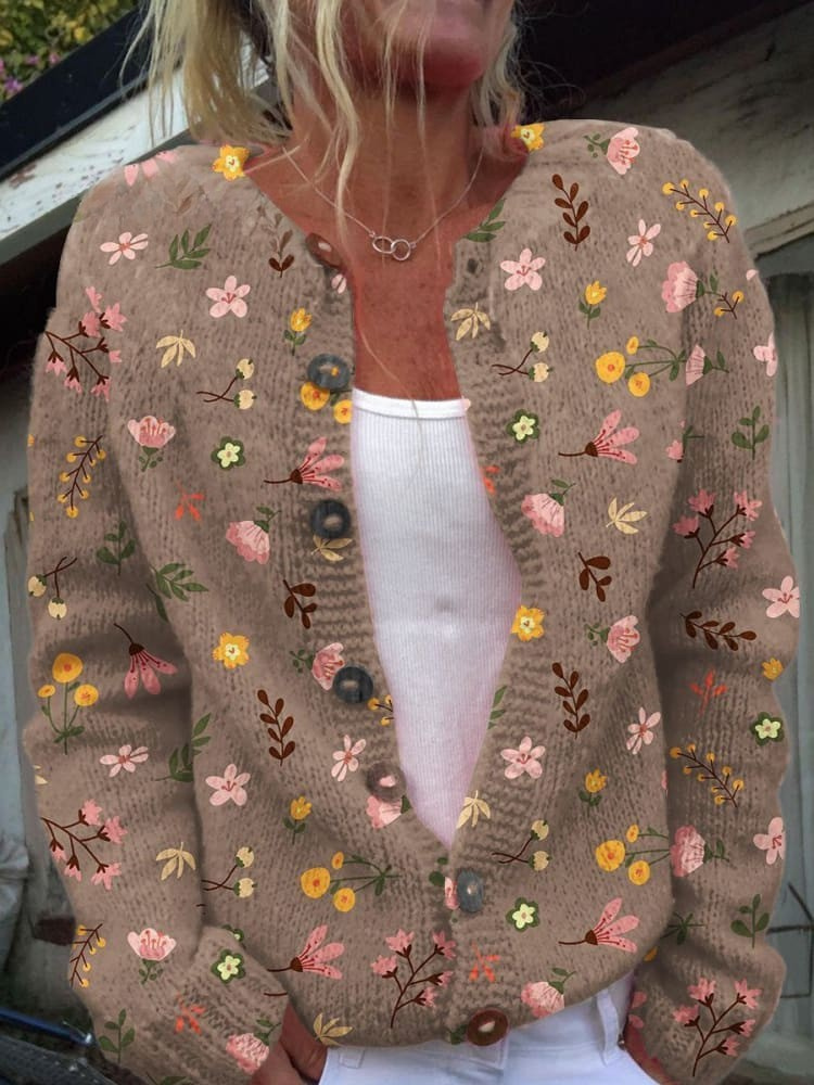 Floral Print Buttoned Casual Cardigan Sweater