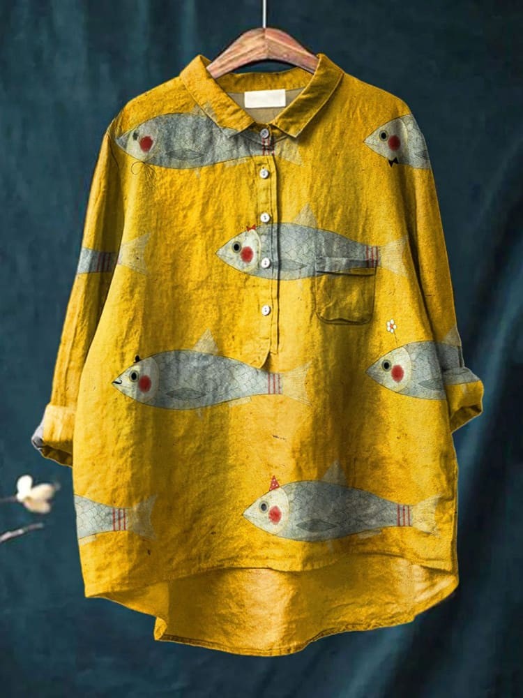 Women's Vintage Fish Art Print Casual Shirt