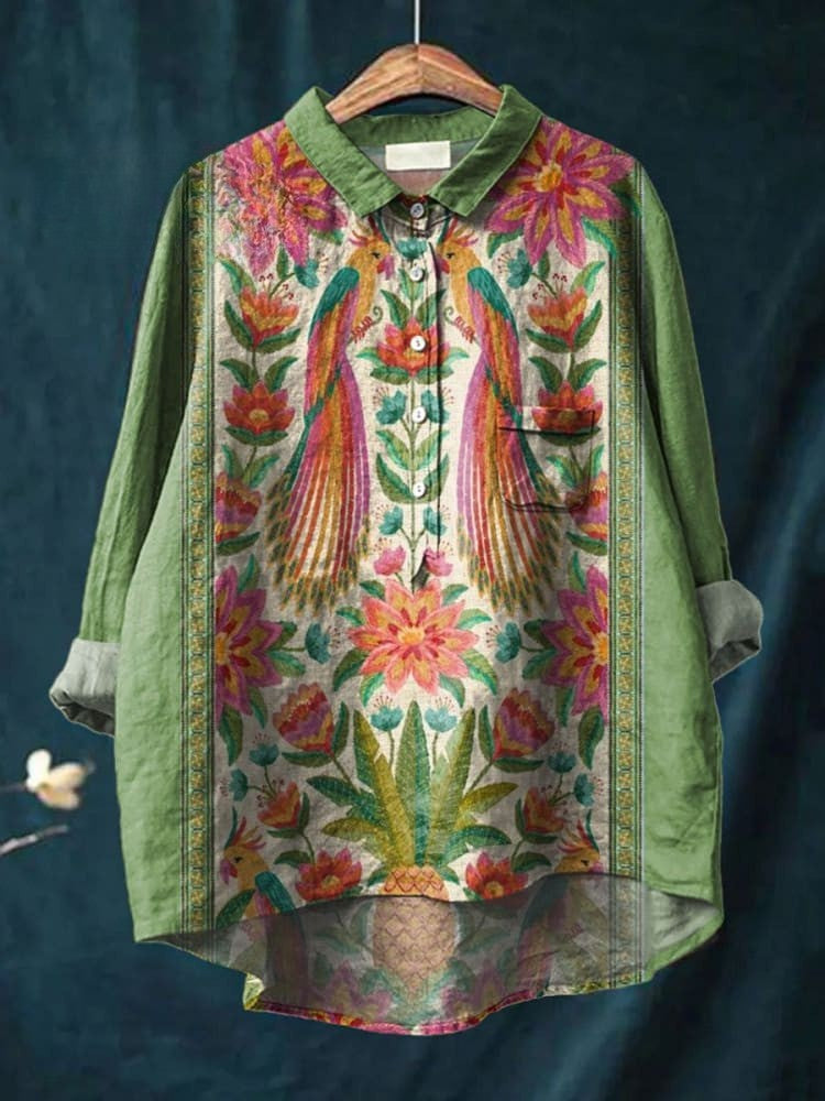 Women's Vintage Lovely Floral Birds Art Print Casual Shirt