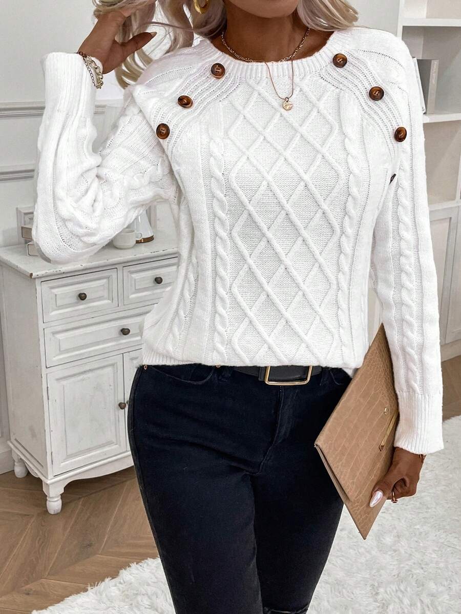 Clara | Ladies’ Button-Detail Cable Knit Jumper