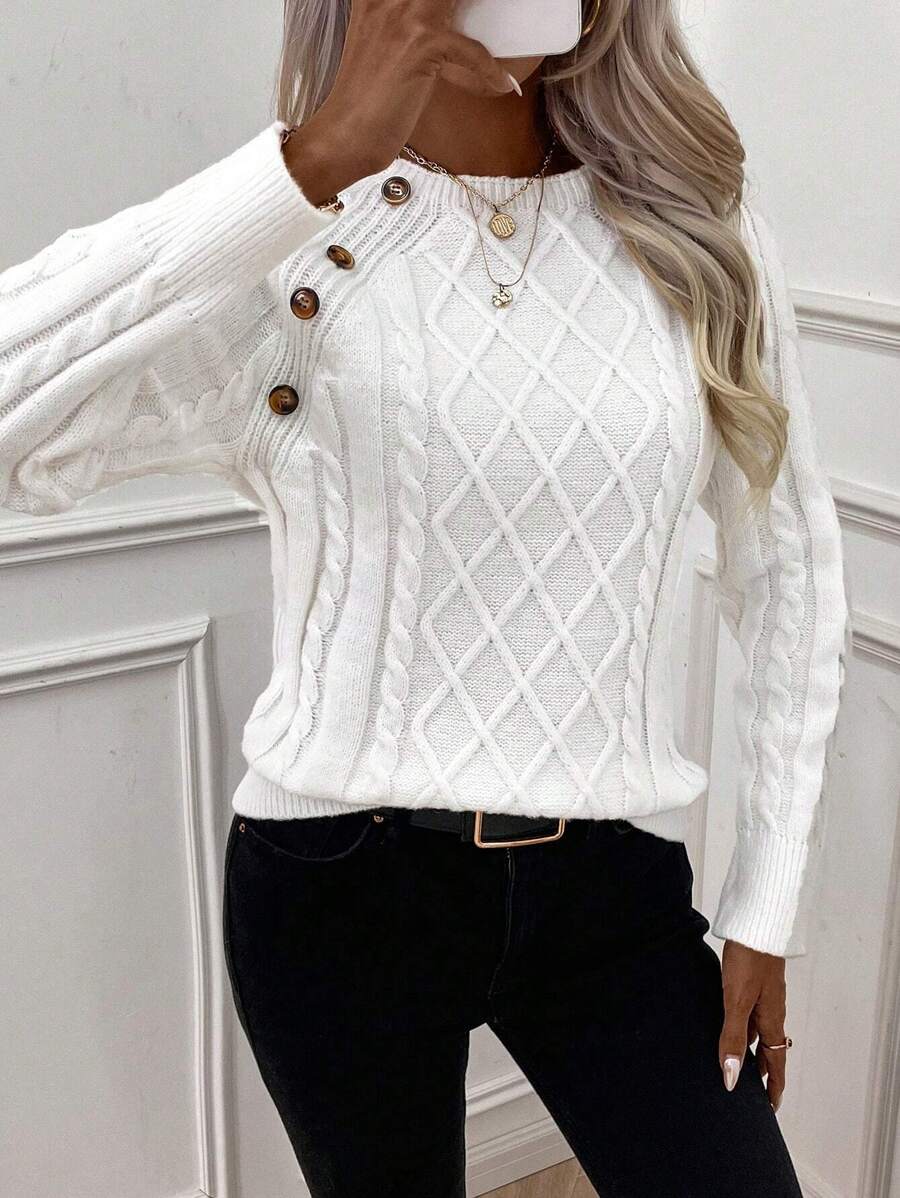 Clara | Ladies’ Button-Detail Cable Knit Jumper