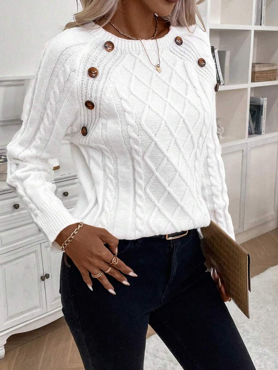Clara | Ladies’ Button-Detail Cable Knit Jumper
