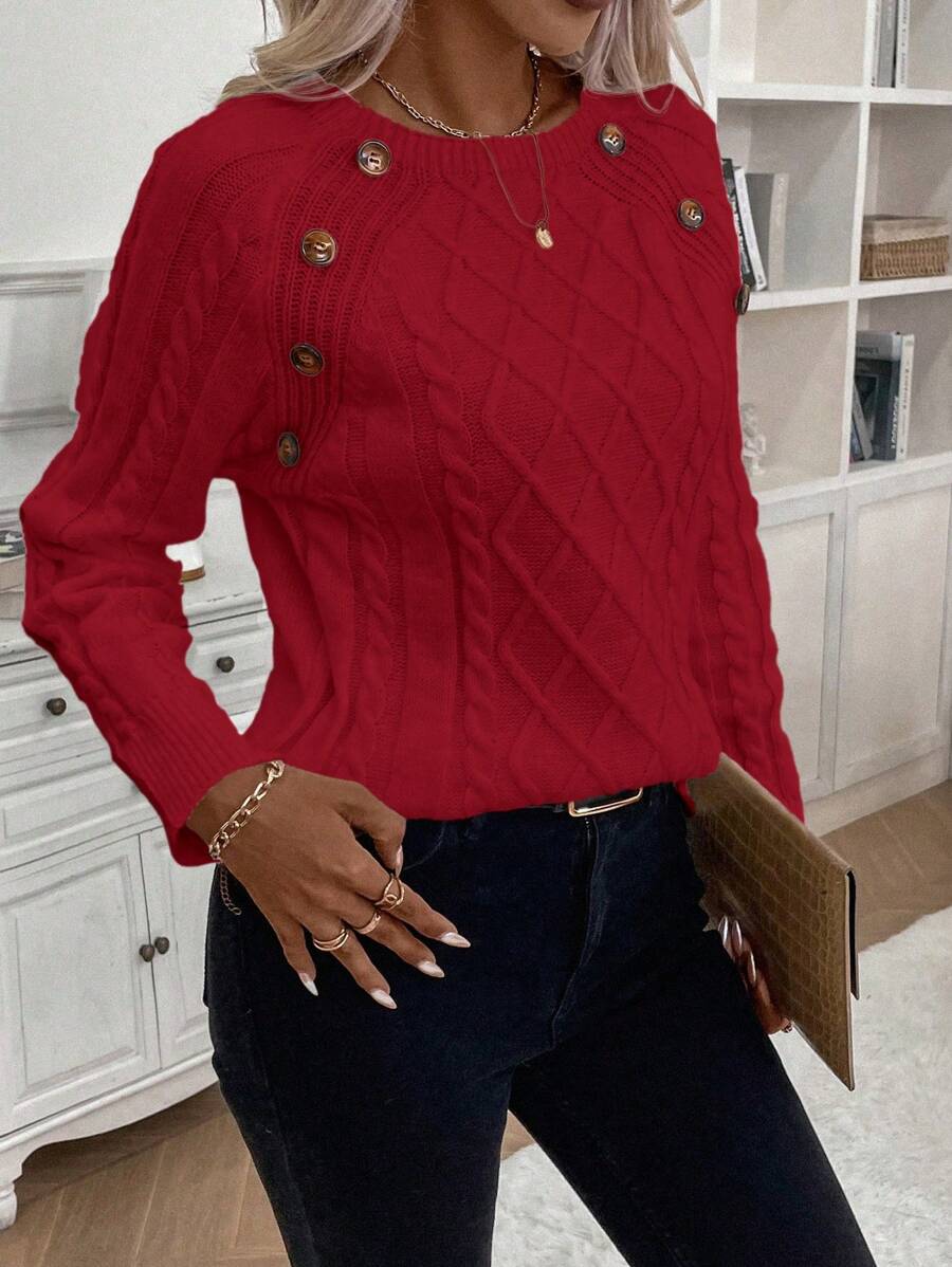 Clara | Ladies’ Button-Detail Cable Knit Jumper