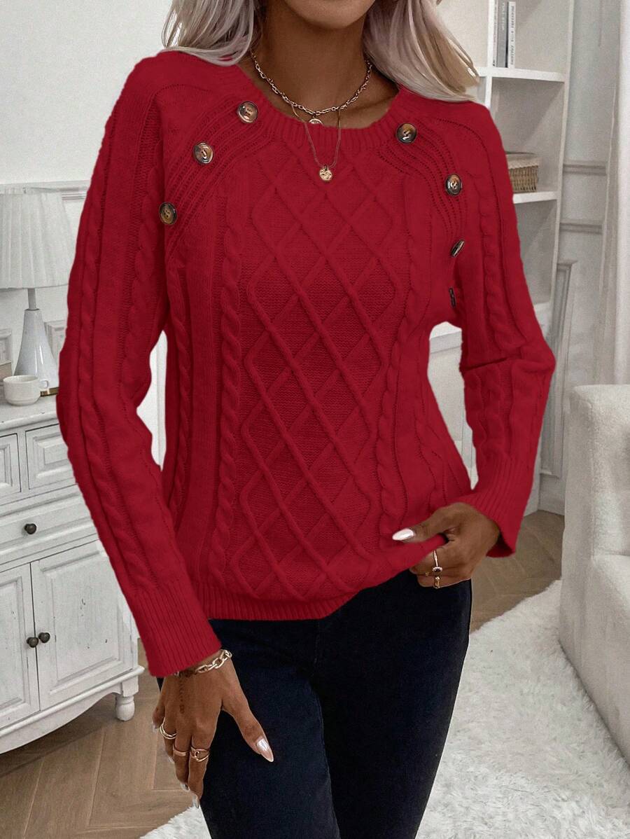 Clara | Ladies’ Button-Detail Cable Knit Jumper