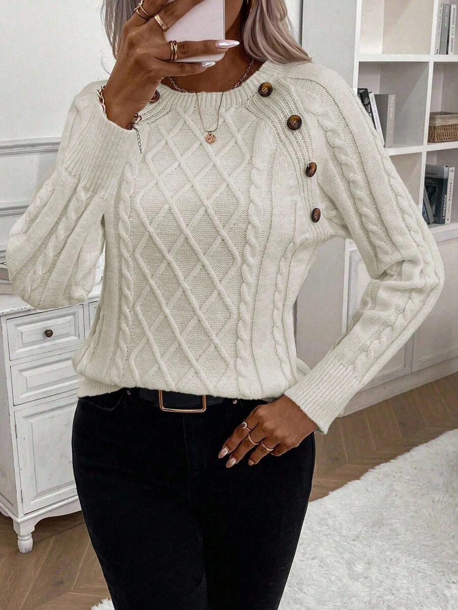 Clara | Ladies’ Button-Detail Cable Knit Jumper