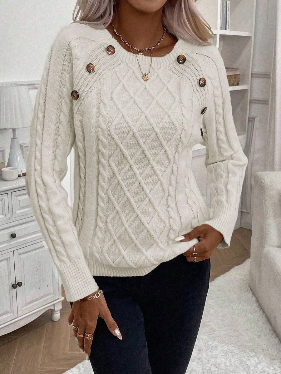 Clara | Ladies’ Button-Detail Cable Knit Jumper