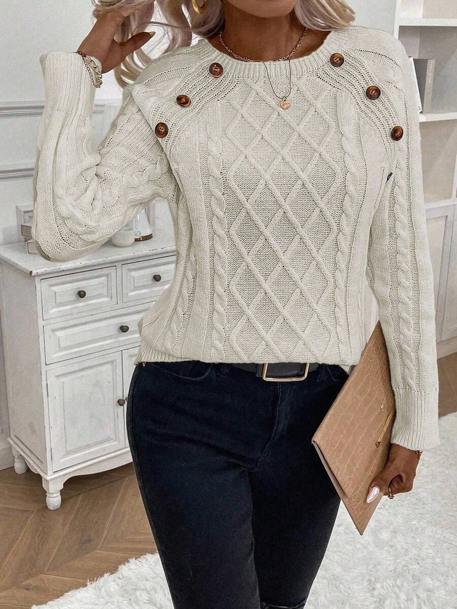 Clara | Ladies’ Button-Detail Cable Knit Jumper