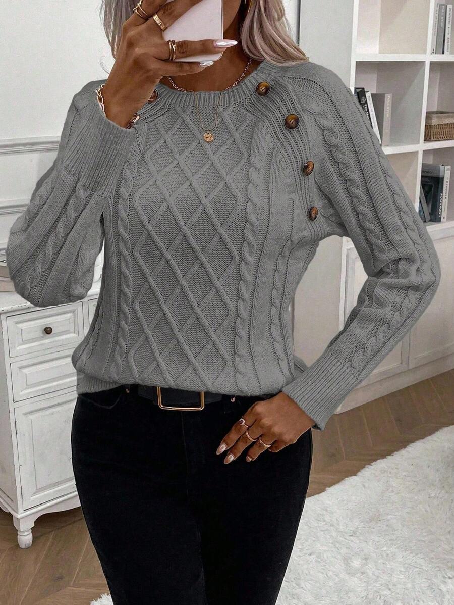 Clara | Ladies’ Button-Detail Cable Knit Jumper