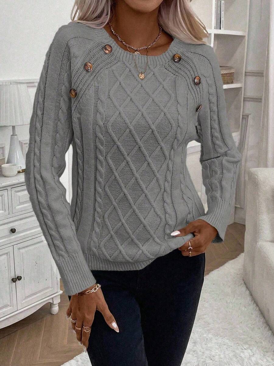 Clara | Ladies’ Button-Detail Cable Knit Jumper