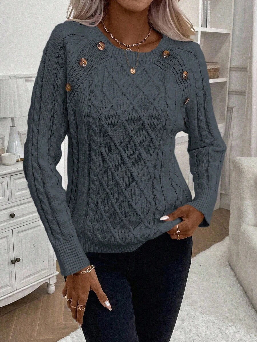 Clara | Ladies’ Button-Detail Cable Knit Jumper