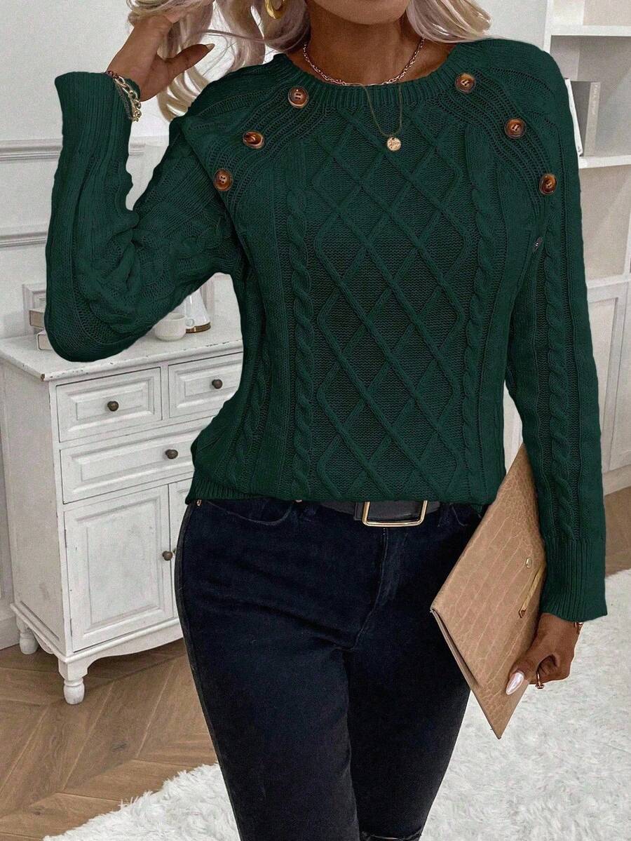 Clara | Ladies’ Button-Detail Cable Knit Jumper