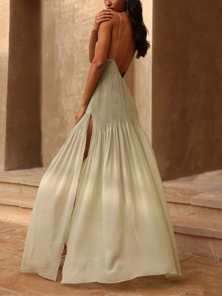 Maria | Pleated Maxi Dress with Patchwork Detail and Back Slit