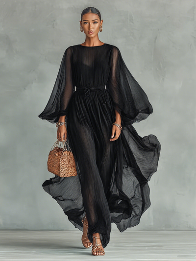 Women's Chiffon Round Neck Long Sleeve Waist Drawstring Maxi Dress
