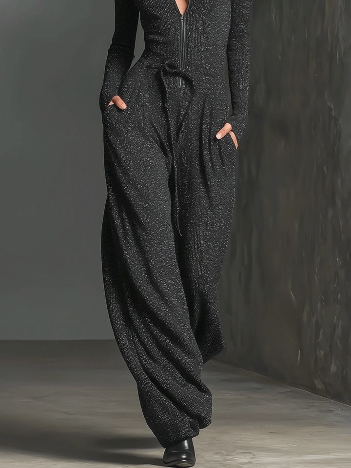 Women's Elegant Knit Sparkling Zipper Front Jumpsuit