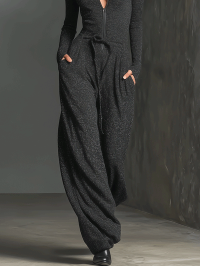 Women's Elegant Knit Sparkling Zipper Front Jumpsuit