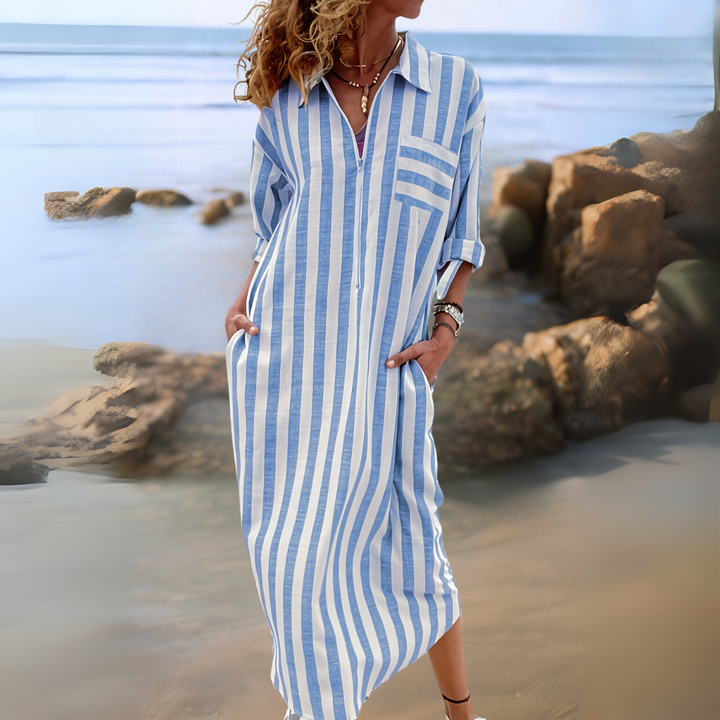 Joyce | Chic Cotton Dress with Stripes and V-Neckline