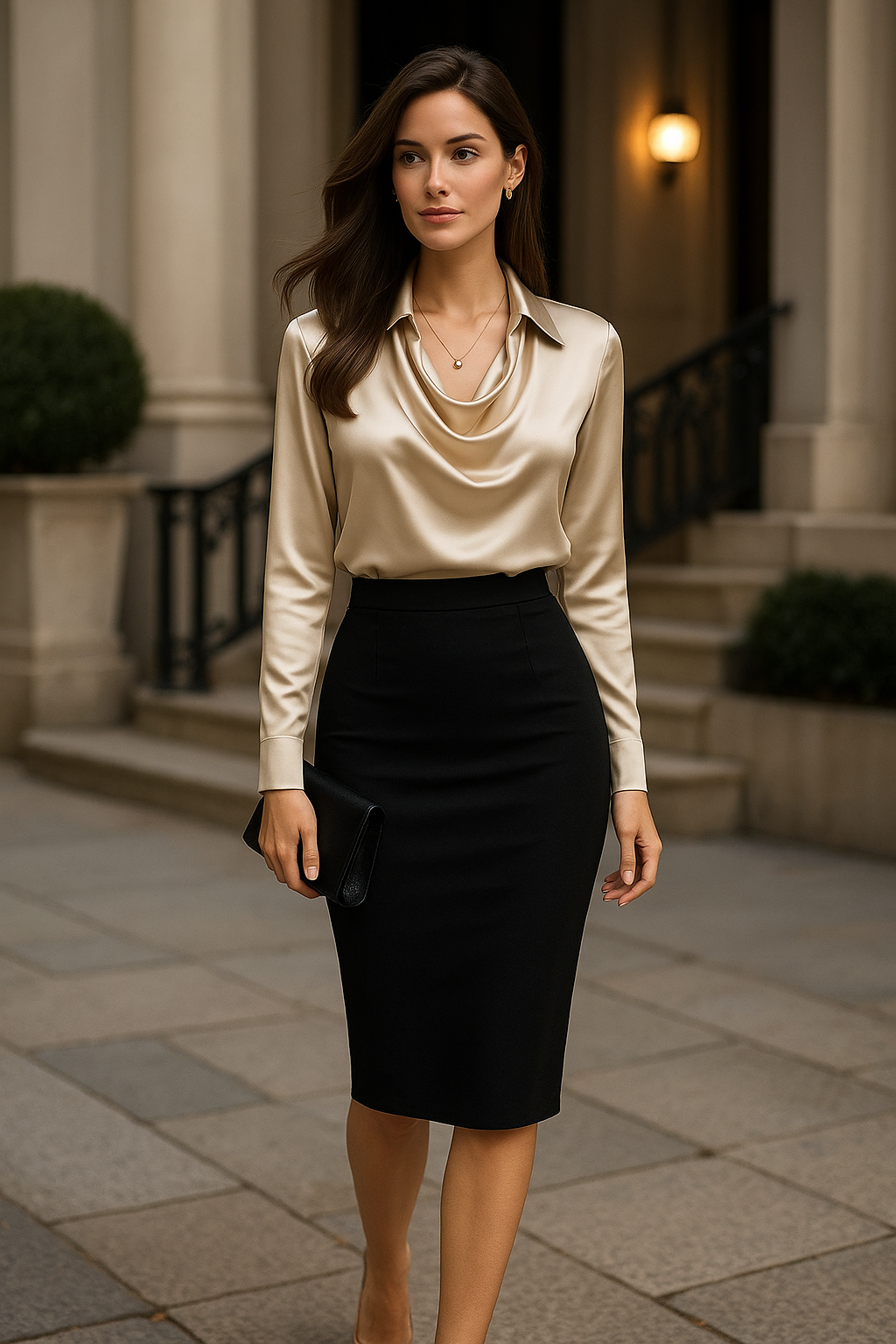 Ikata | Shiny Blouse with Pleated Neckline – Chic & Timeless