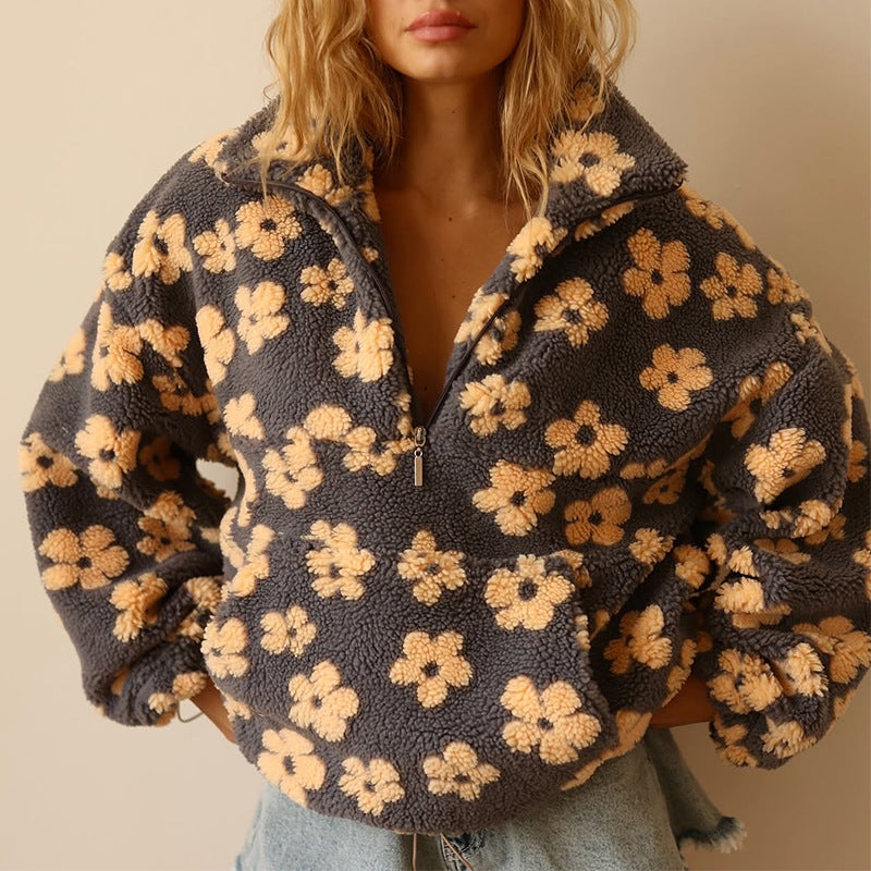 Azelma | Long Sleeve And Floral Print Fleece Sweater