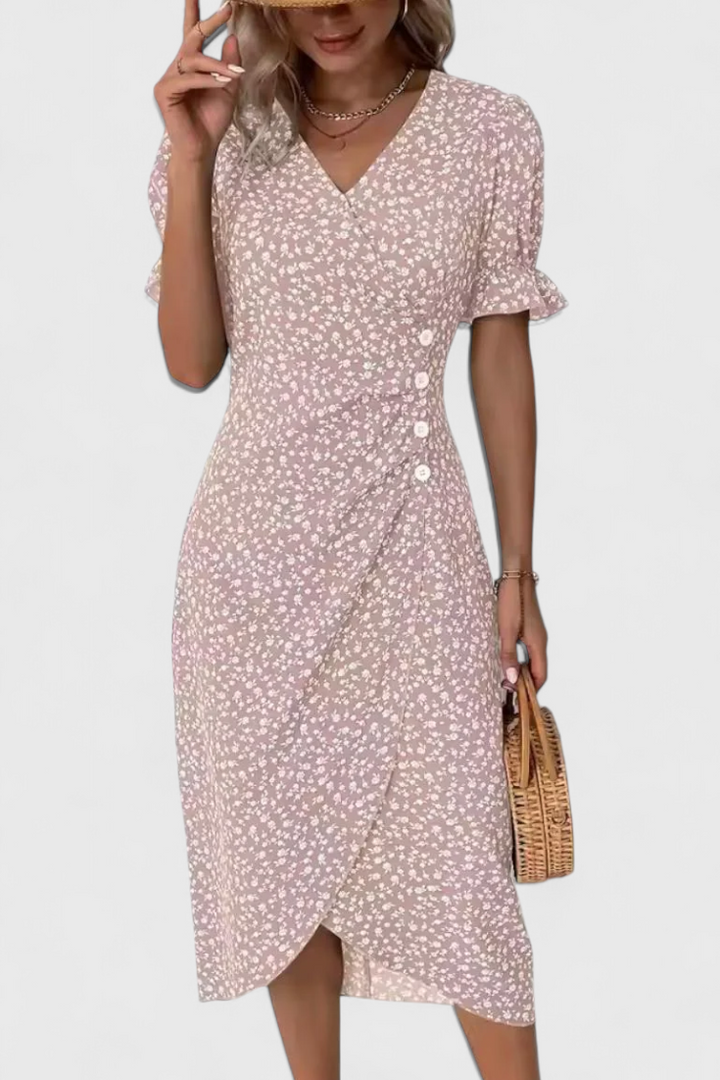 Joana | Floral Midi Dress with V-Neckline and Short Sleeves