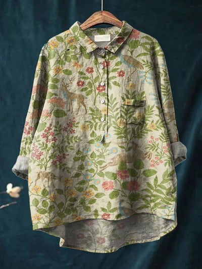 Women's Vintage Floral Animals Art Print Casual Shirt