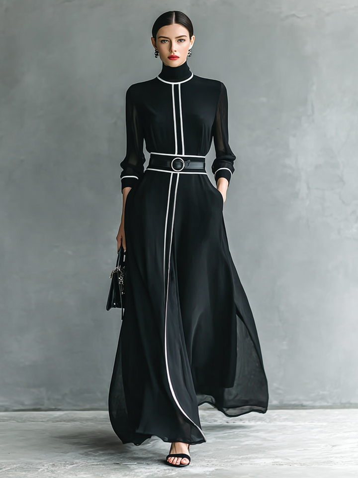 Women's Chiffon White Trim High Collar Long Sleeve Belt Maxi Dress