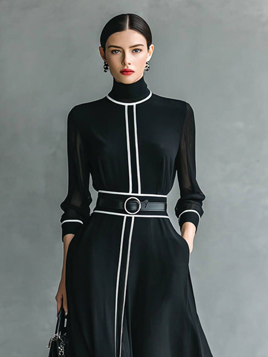 Women's Chiffon White Trim High Collar Long Sleeve Belt Maxi Dress