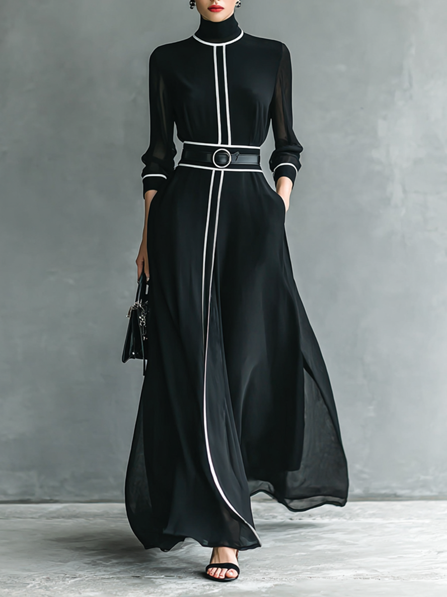 Women's Chiffon White Trim High Collar Long Sleeve Belt Maxi Dress