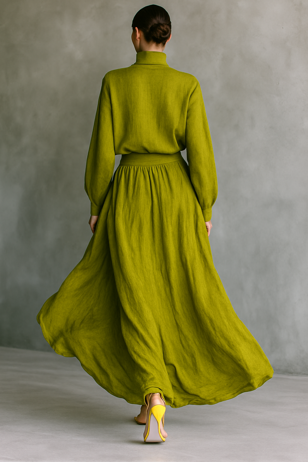 Women's Green Turtleneck Cotton And Linen Blend Suit